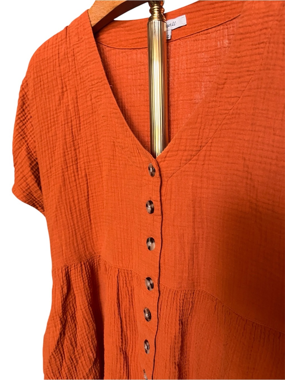 Madewell Orange Button-Front Cotton Gauze Textured Dress Large - Picture 2 of 8